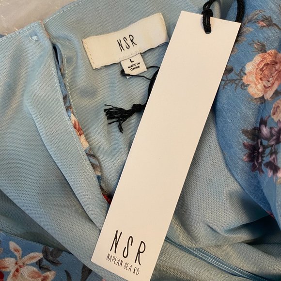 NSR Heidi Rouched Slit Front Dress Floral Blue Sky WOMENS SIZE Large NWT - Picture 9 of 9